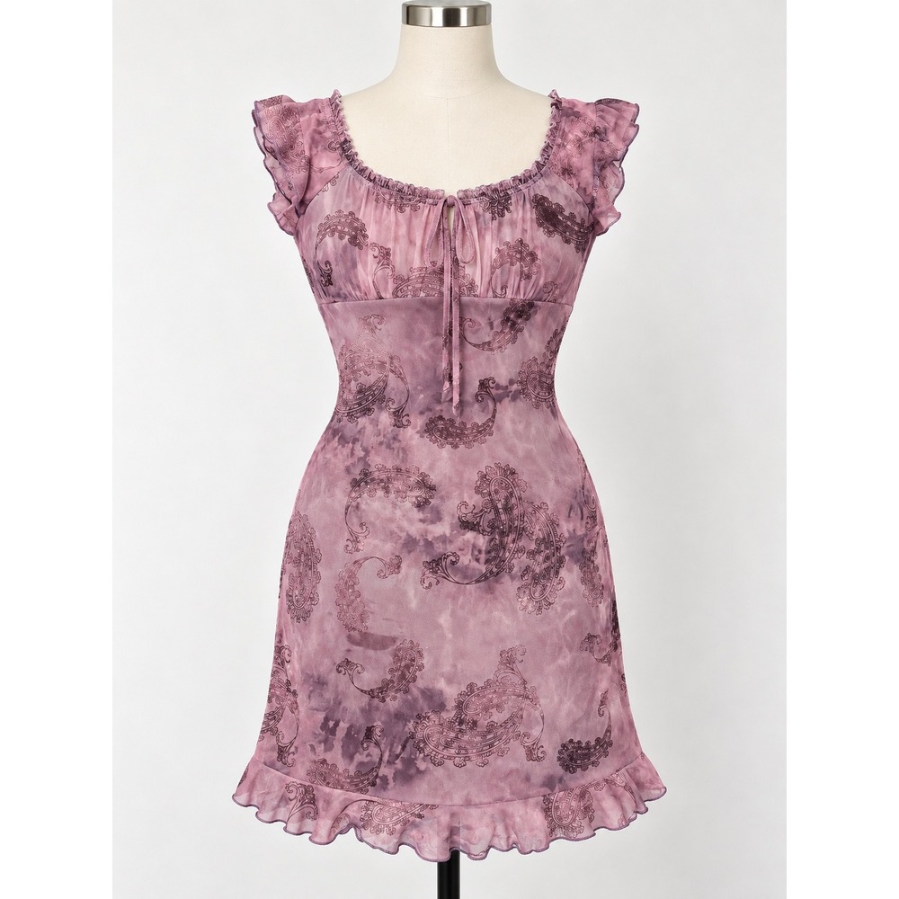 Vintage Taboo Purple Paisley Ruffle Mini Dress Y2K Fairycore Whimsigoth